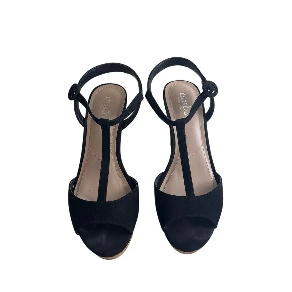 Charles by Charles David Black Cork Wedge Sandals T-Strap Size 8.5